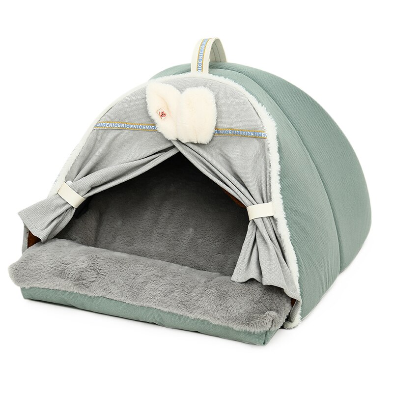 Hoopet Warmth Tent Bed For Cats Super Soft Thicken Dog Bed Winter Semi-enclosed Cat's House Cute Sleeping Home For Pet Suppliers: Green / M