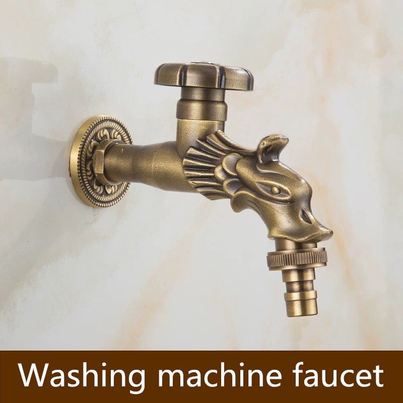 Bathroom Faucet Brass Antique Dragon Type Carved Pattern Wall Mount Single Cold Retro Taps Washing Machine Mop Toilet Tap: A-02