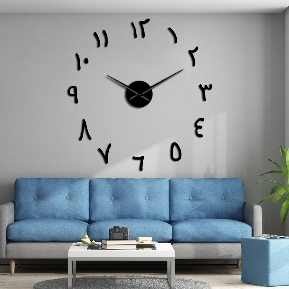 DIY Giant Wall Clock Arabic Numbers Acrylic Mirror Effect Stickers Frameless Arabic Numerals Large Silent Wall Watch Home Decor