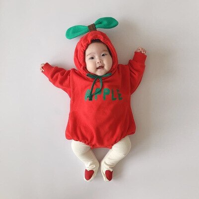 Bebé de invierno otoño niña Bodysuit niño Bebe mamelucos con capucha Manzana Roja Banana disfraz de naranja: Rojo / 3 años