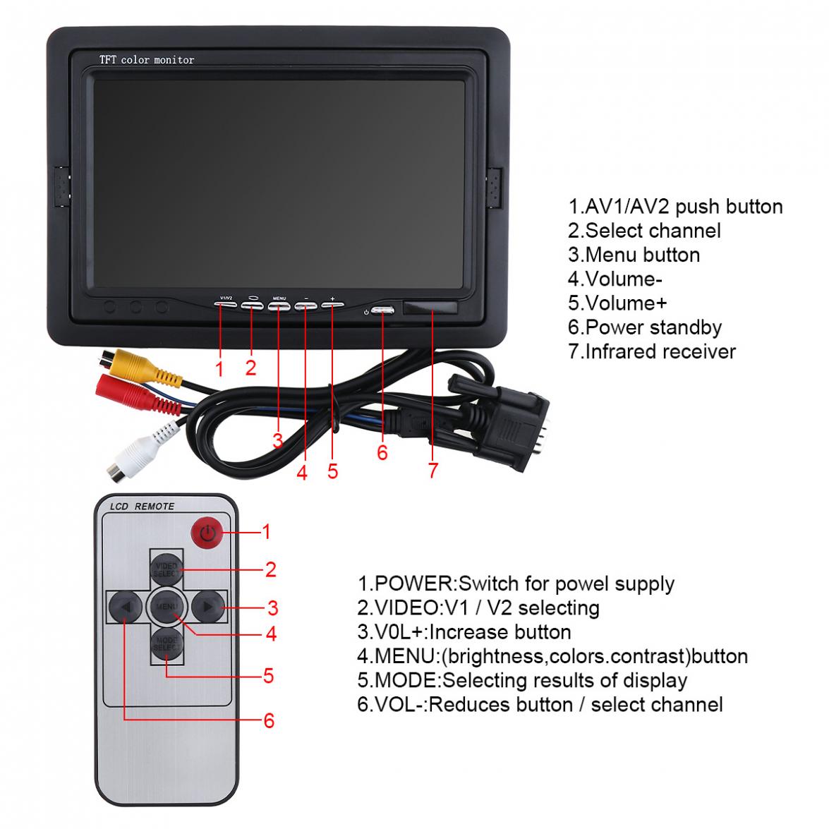 7 Inch 1024x600 12V HD TFT LCD Car VGA Home Monitor Bright Color VGA Interface AV Auto Video Player PAL / NTSC / SCAME