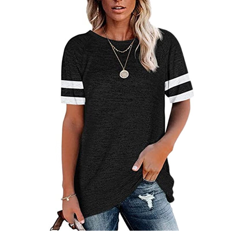 d'été en Europe et en Amérique de hauts manchon d'épissure pure couleur loisirs col rond manches courtes T-shirt: Black / M