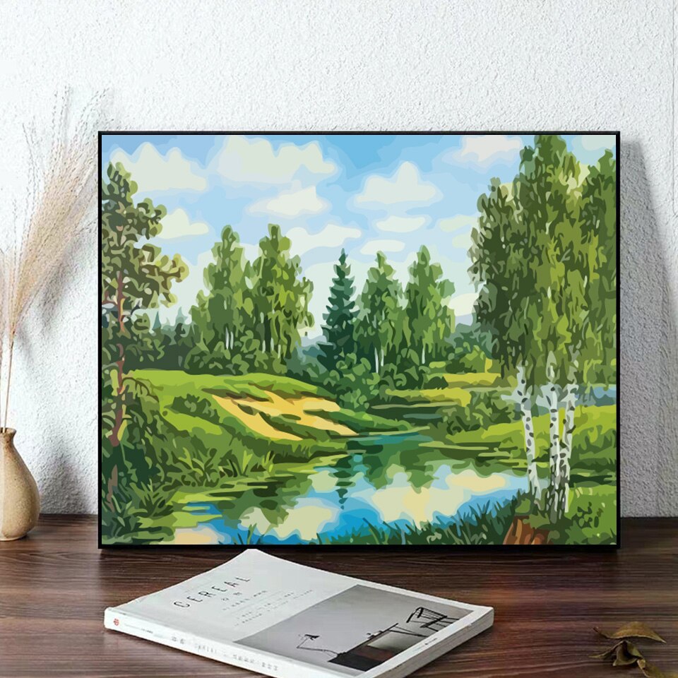 Azqsd kleuren op nummer natuur landschap acryl afbeeldingen olieverfschilderij op nummer meer schilderpakketten woondecoratie