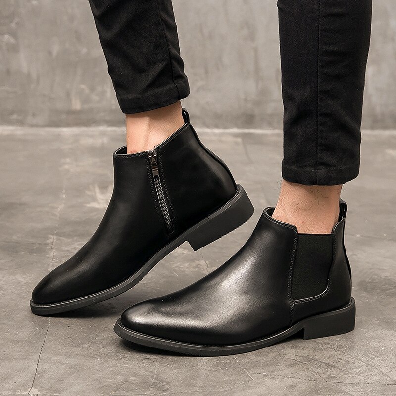 Botas Chelsea clásicas de invierno para hombre, botas altas transpirables con punta estrecha, botas totalmente negras, cuero de , cremallera, zapatos informales fáciles de combinar
