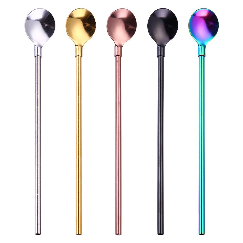 Stainless steel reusable western food straw spoon tableware dualuse dessert soup spoon cola drink straw ice spoon stirring spoon