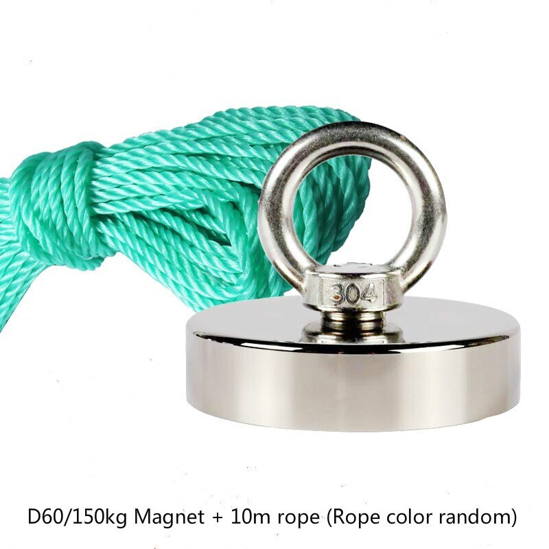 Imanes de pesca D60 con opción de cuerda de 10m, Material magnético de 150Kg, imán permanente de neodimio N52 fuerte, Perno redondo grueso: D60 and 10m Rope