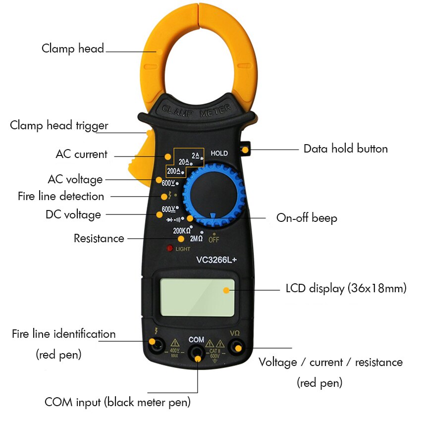 Digital Clamp Meter 2/20//200A AC, 600V AC/DC, 200K/2M Ohm +Fire Line Identification Anti-Burning Table Clamp Universal Meter