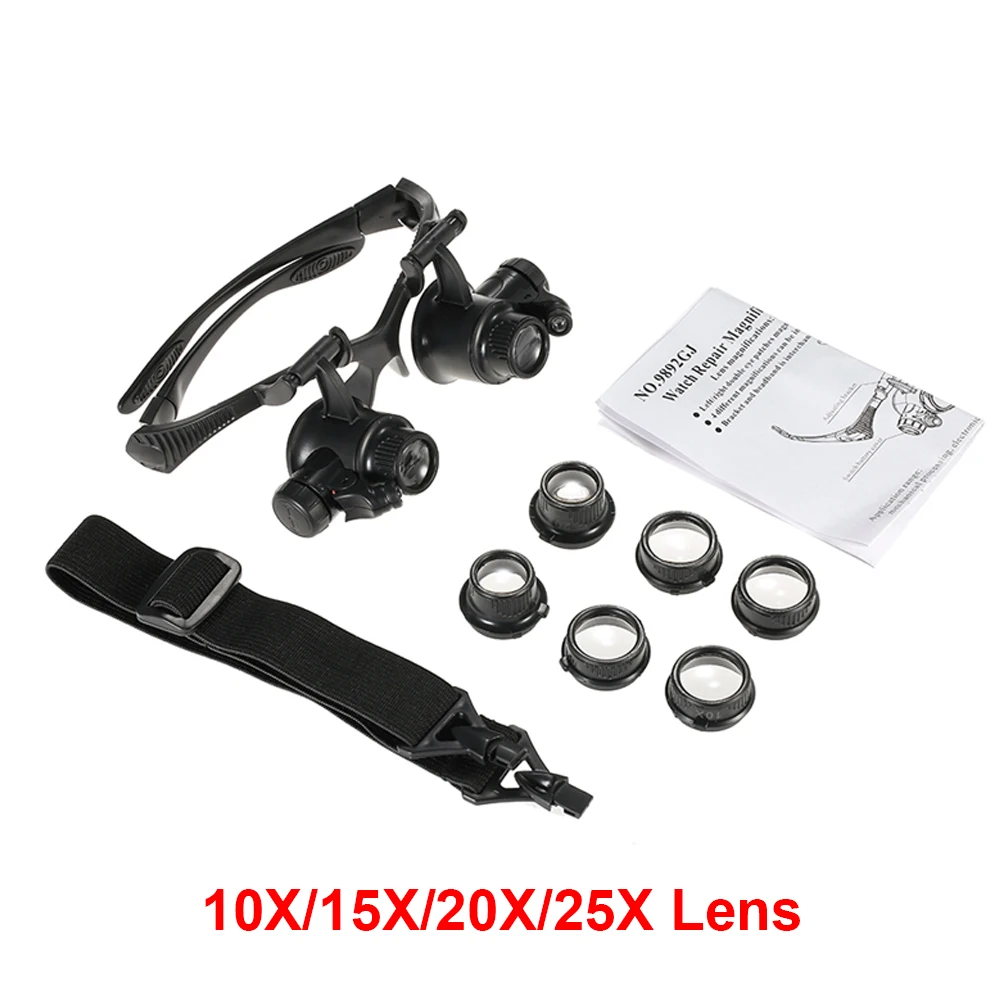 Loupe Magnifier Glasses With 2 LED Light Lens Magnifying Head-Mounted for Reading Jewelers Making Watch Repair 10X 15X 20X 25X: WHITE