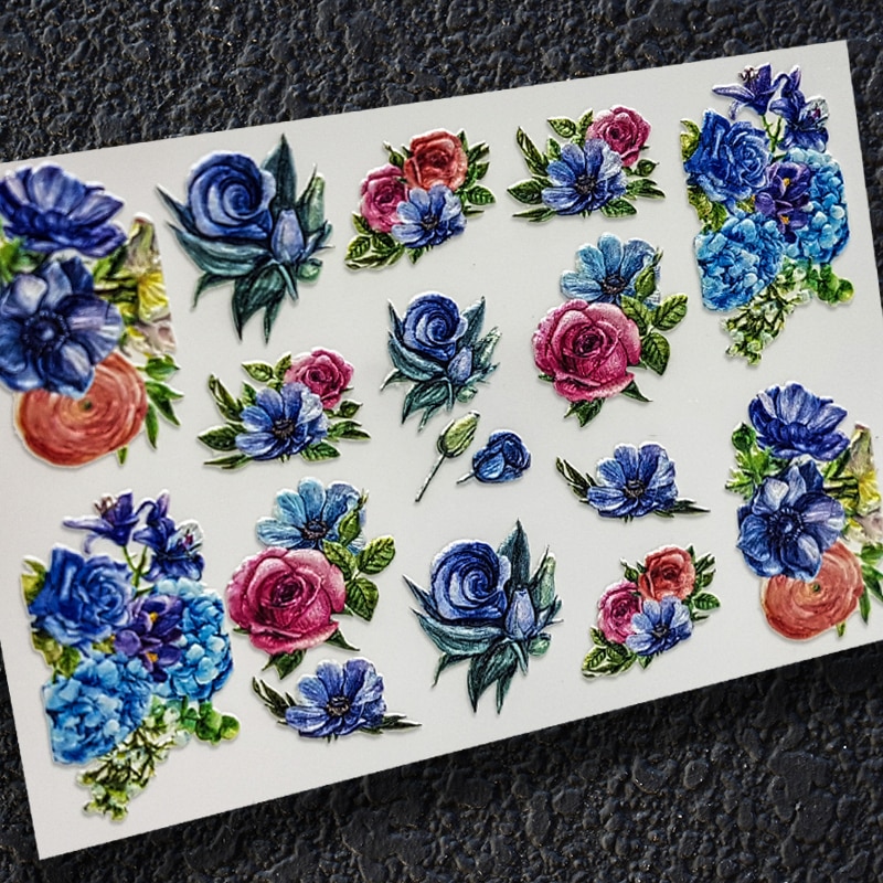 3D Neue Acryl Gravierte Nagel Aufkleber Blau &Ampere; Rosa Blume Schmetterling Wasser Decals Empaistic Nagel Wasser Rutsche Abziehbilder Z0302