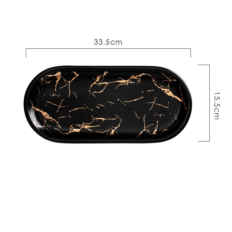 Nordic Style Ceramic Marbled Black Gold Oval Rectangular Plate Simple Beautiful Western Dinner Plate Kitchen Sushi Snack Trays: black large
