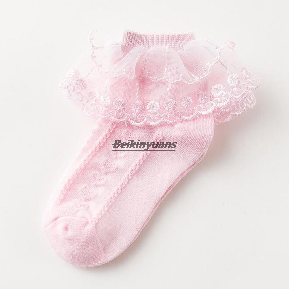 Children's lace socks, white lace dance, baby socks, primary school socks, spring and autumn cotton socks, girls socks, girls: pink R5 / 4 to 7 years old