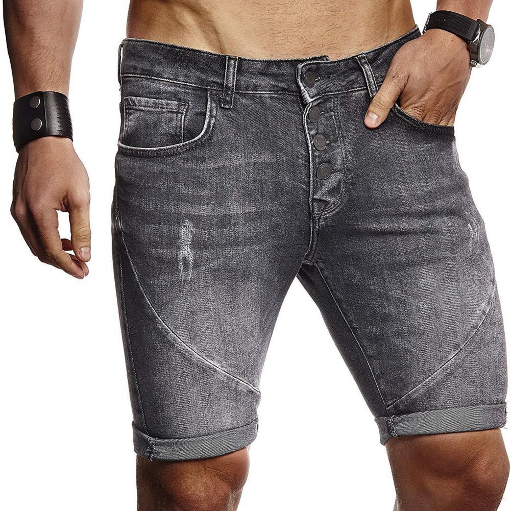 Denim shorts hombre elástico corto pantalones vaqueros rasgados de la piel-amistosa poliéster verano Pantalones cortos de hombre para el desgaste diario negro M-XL