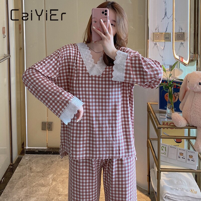 CAIYIER Women Grid Pajamas Set Princess Sweet Cute Sleepwear Sexy Lace Long Sleeve Pant V-Neck Loose Homewear 2Piece/Set: pink / XXL