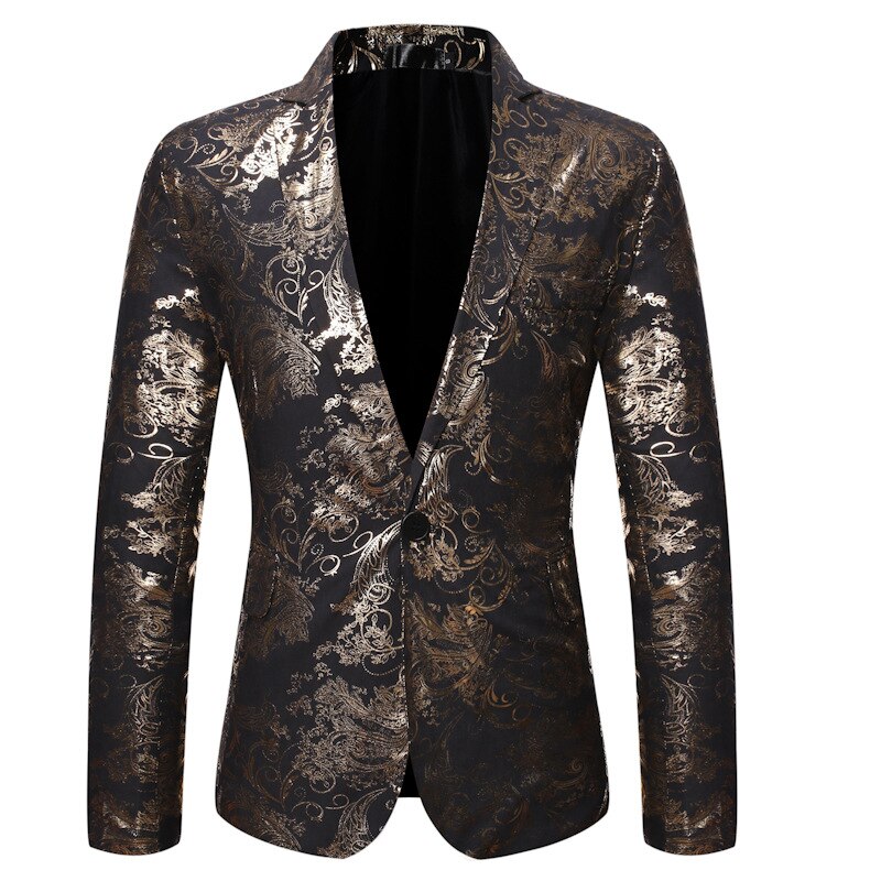 Chaqueta de traje Floral para hombre, Blazer con solapa entallada y un solo botón, para cantantes de escenario, boda y graduación: gold / L