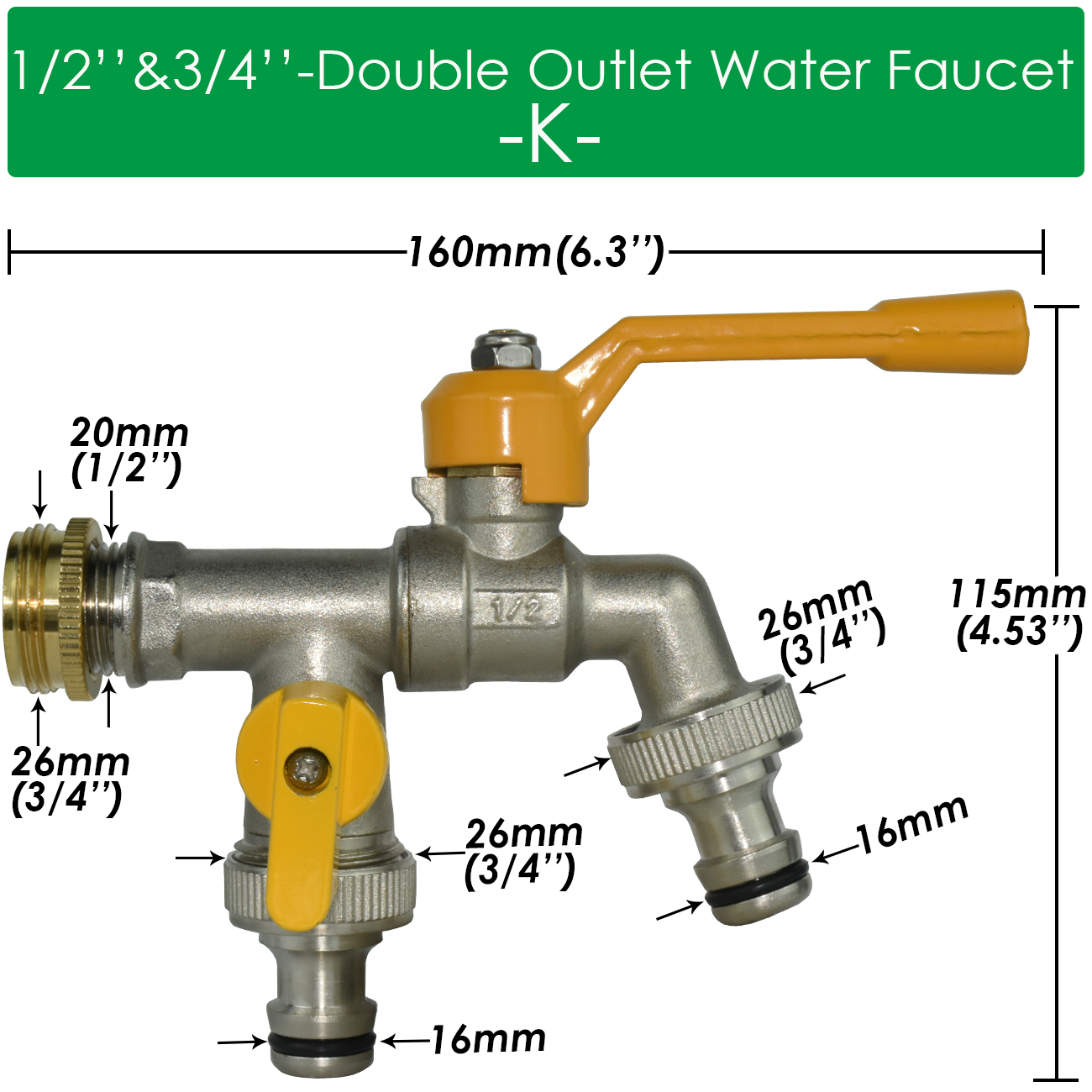 Tuinslang Kraan Adapter 1/2 ''IBC Watertank Connector 2-weg 1-weg Irrigatie Messing Kraan Gezamenlijke Vervanging Fitting Kogelkraan: YELLOW