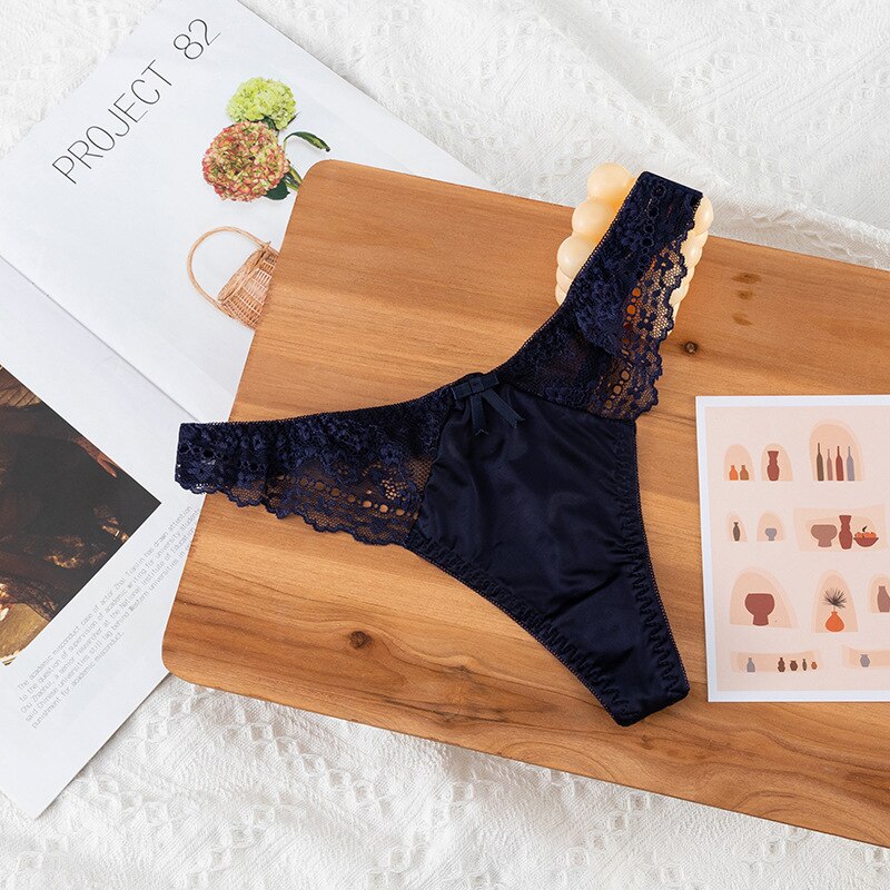 Tangas sexis de estilo europeo, bragas cómodas ahuecadas a la , Tanga sin costuras de cintura baja, pantalones, bragas de encaje sexis, lencería: Azul