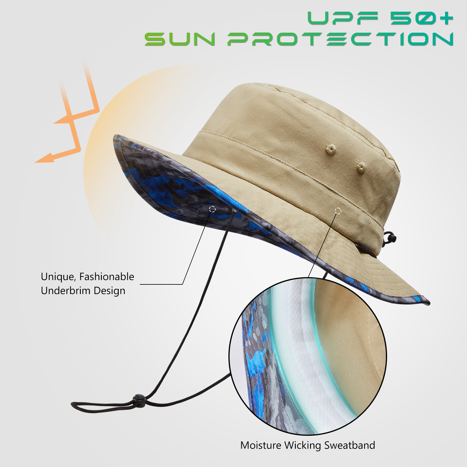 Udissolve-Chapeau de Soleil Pliable à Motifs, Sous Bord E27, pour l'Été, Randonnée, Pêche, Plage, Safari, pour Homme et Femme, 50 +