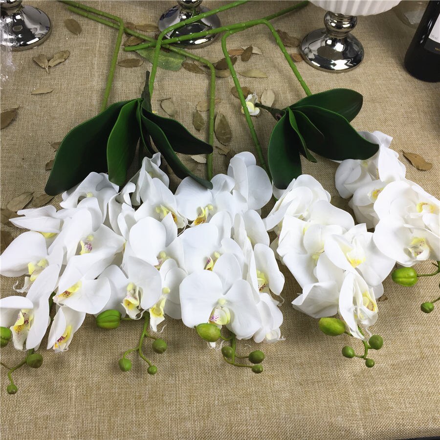1 sæt = 5 blomstergrene  + 2 orkideestængler, ægte touch latex kunstige blomster blomster blomster sommerfugl orkidé hjem bryllup dekoration: Hvid