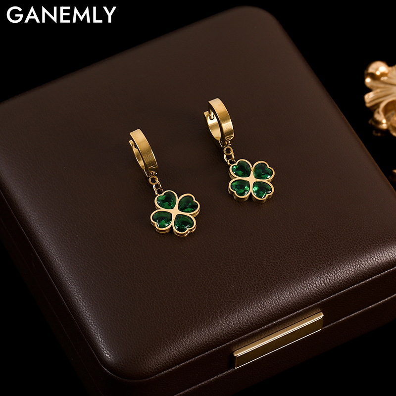 GANEMLY 316L Rvs Groene Klaver Kristallen Oorbellen Voor Vrouwen Mode Party Oor Dangle Waterdichte Sieraden Bijoux