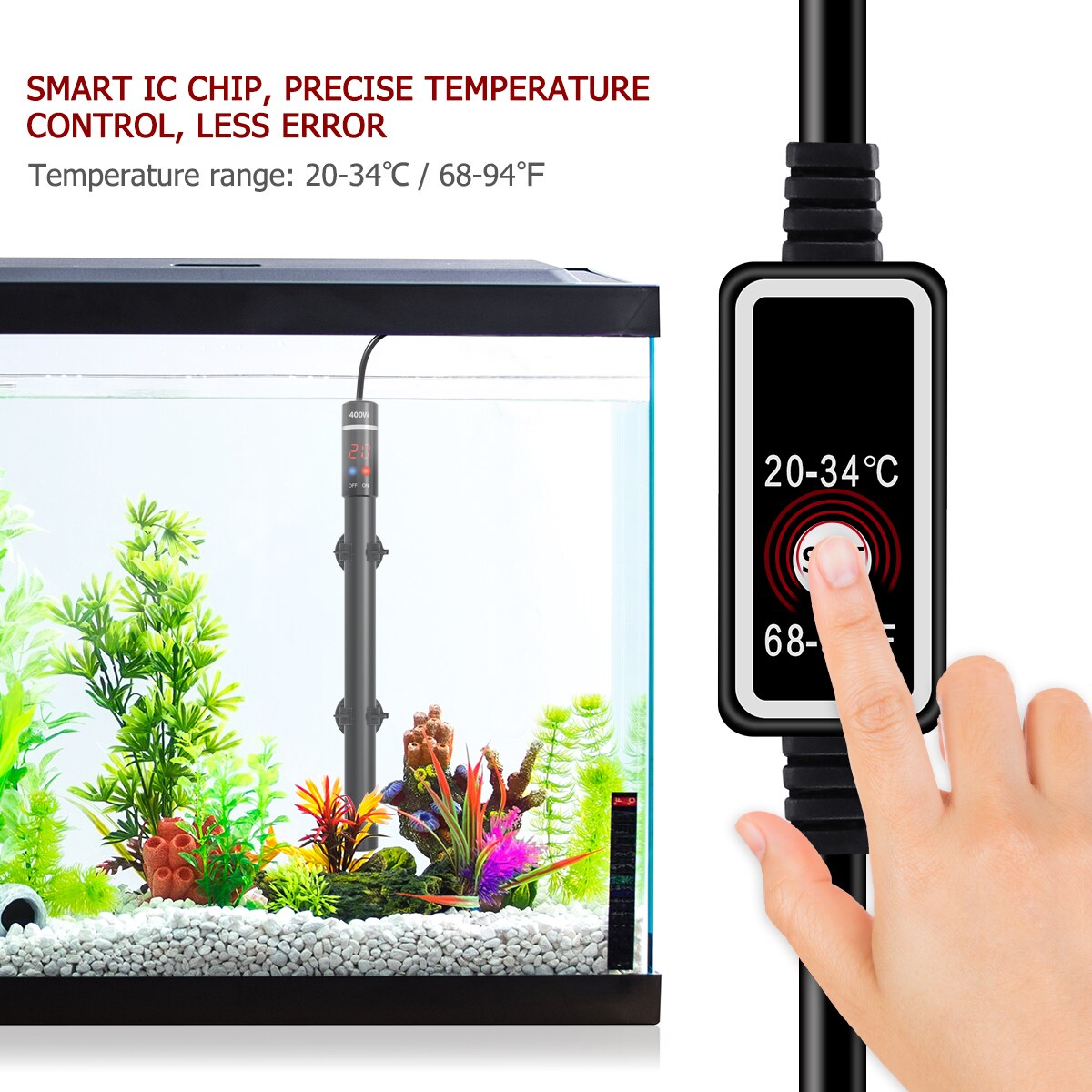 POPETPOP 400W Submersible Aquarium Heater Fish Tank Titanium Heating Rod With Thermometer And LED Digital Display EU/US/UK Plug