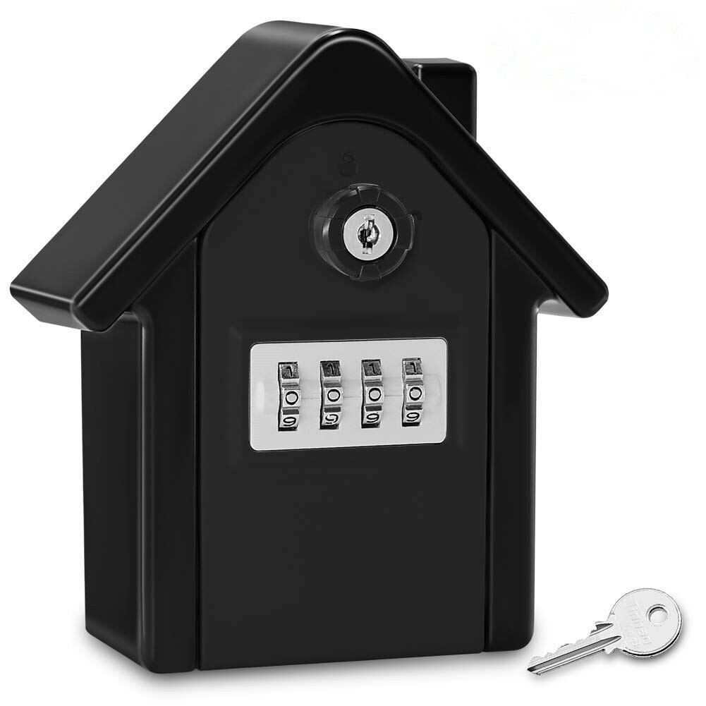 Tyverisikring adgangskode nøgle sikkerhed låsekasse udendørs nøgle opbevaringsboks metal opbevaring stor nøgle forsikringsboks: Sort