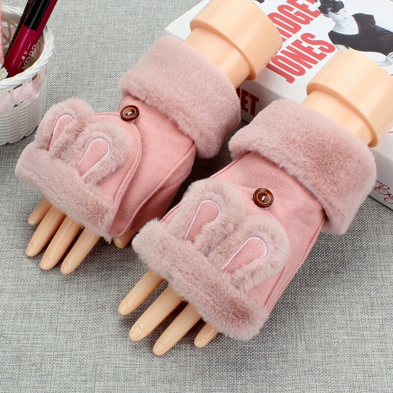 Kinder Mädchen Halbe Finger Flip Fäustlinge Plüsch Dicken Fahren Handschuhe Nette Katze Touchscreen Handschuhe für Mädchen Winter Warme Handschuhe: 3-Pink