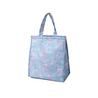 Nette Muster Druckt Inneren Aluminium Folie Lebensmittel Kühltasche Wasserdicht Polyester Hoop und Schleife Öffnung Klapp Thermische Mittagessen Tasche: Blue Flamingo