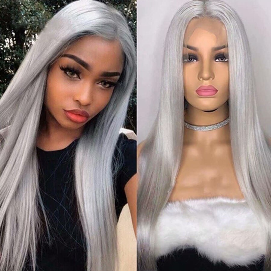 Straight Synthetic Lace Front Wig For Women Platinum Ash Grey Long Hair Heat Resistant Fiber Synthetic Wig Natural Hairline