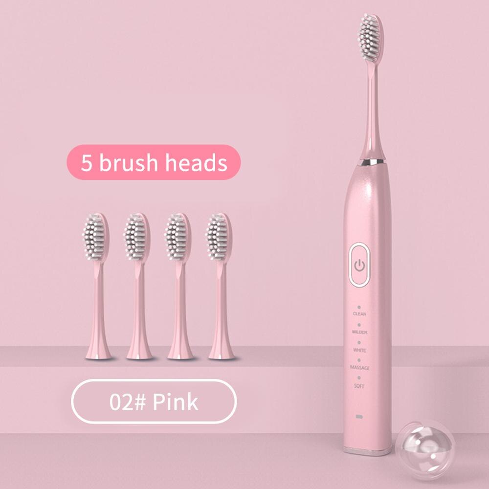 IPX7 Waterproof Tooth Automatic Ultrasonic Sonic Electric Toothbrush 5 Modes USB Rechargeable Electronic Teeth Whitening Brush: Pink