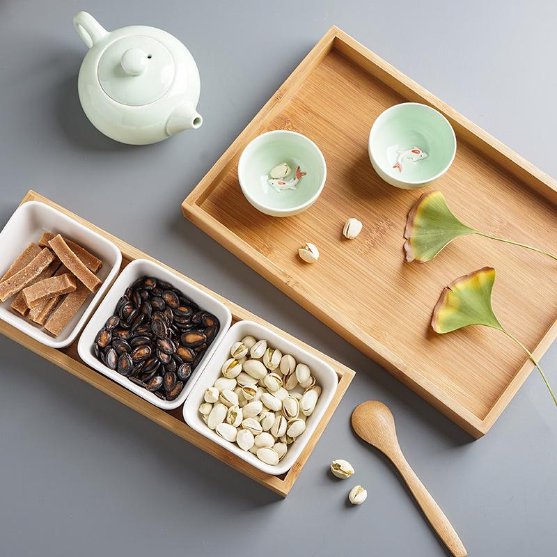 Japanese-style Ceramic Wooden Food Storage Tray Home Kitchen Multi Grid Nut Snack Candy Organized Decoration Trays