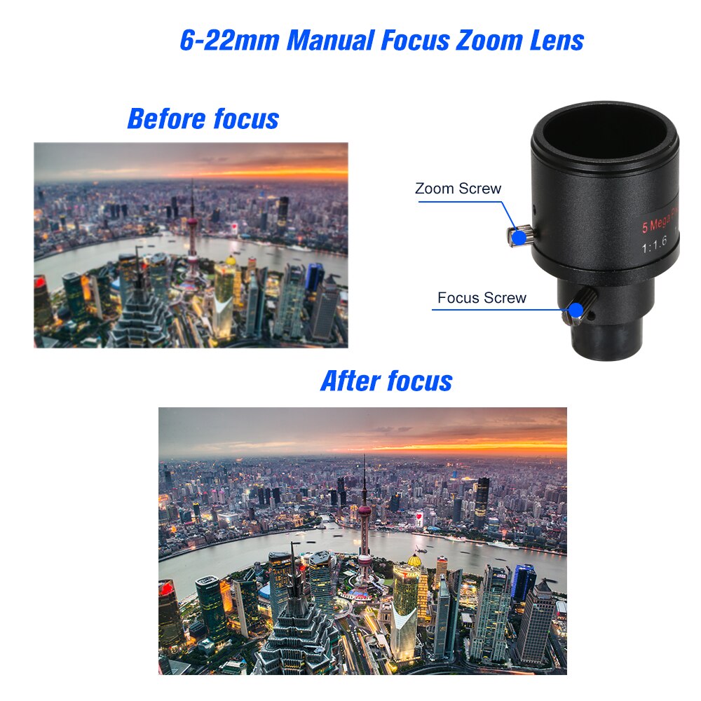 5.0 Megapixel Varifocal 6-22mm CCTV Camera Lens Manual Focus Zoom 1/2.5" Lens CCTV MTV IR Lens For HD IP Cameras F1.6 M12 Mount