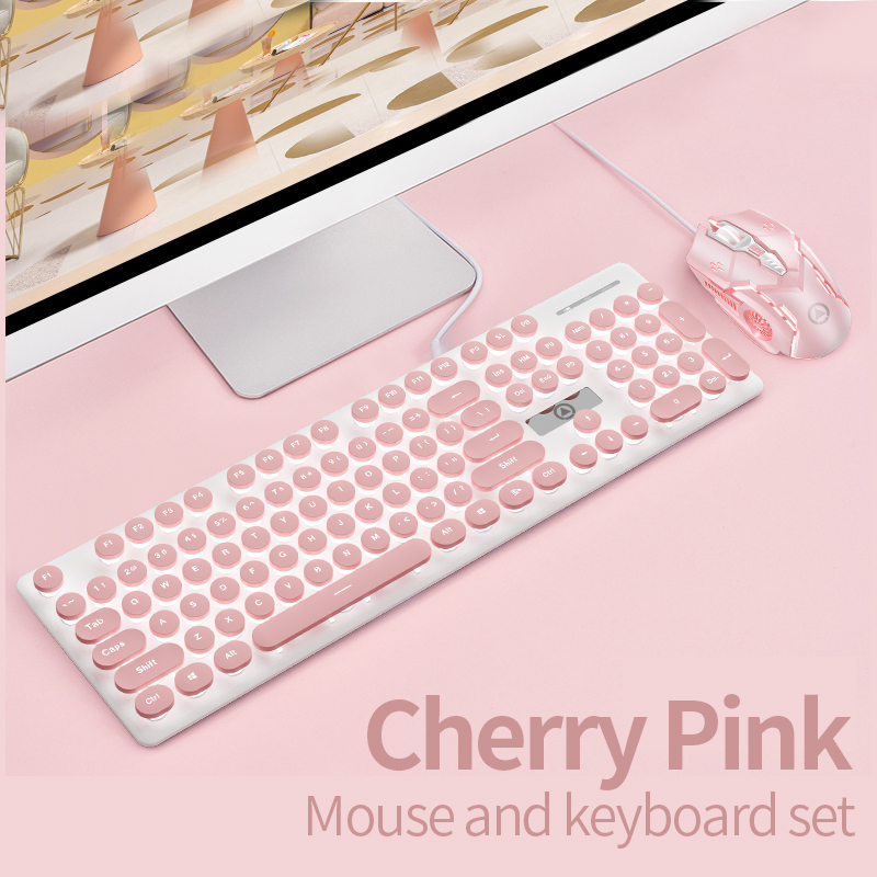 Punk Backlit Gaming Keyboard and Mouse Mechanical Feel Round Keycaps USB Wired Cherry Pink Keyboard Mouse Headphone for PC Gamer: SMT3C517PinkCoboms