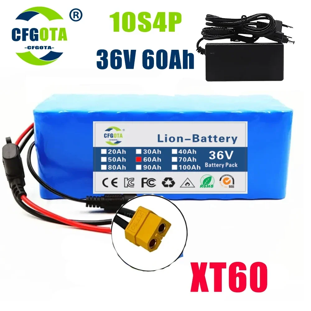10S4P 36V 60Ah Ebike Battery 18650 Lithium Battery Pack 500W High Power Battery 36V 12000mAh Electric Bicycle BMS+Charger: SKY BLUE