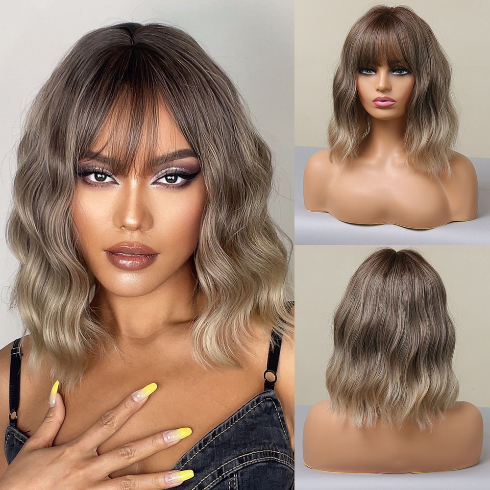 Pelucas sintéticas ombré marrón Rubio para mujer, pelo corto ondulado Bob con flequillo, onda corporal, Cosplay, Lolita, pelo Natural resistente al calor: P2 / 613