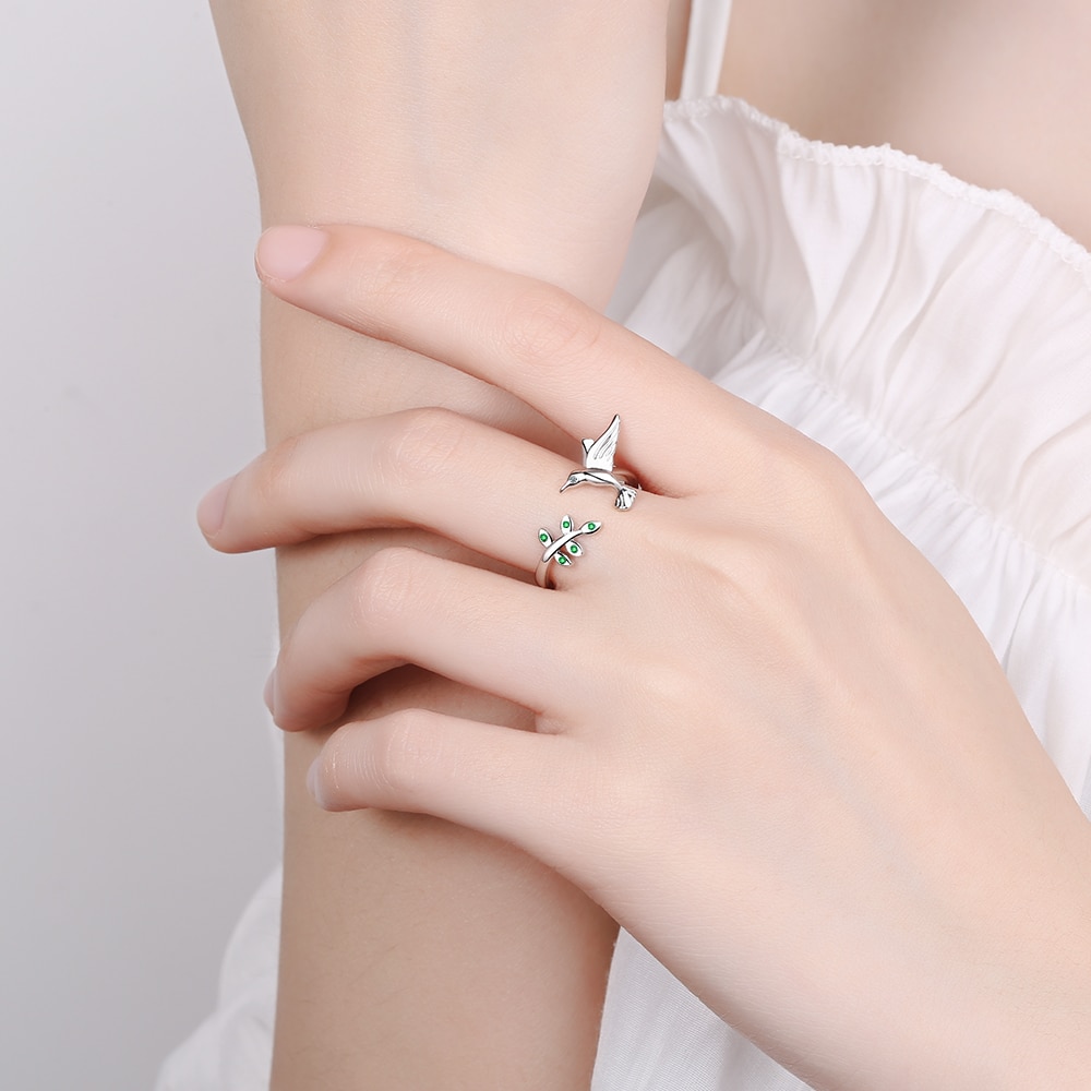 Nehzy S925 Stempel Zilver Vrouwen Mode-sieraden Crystal Zircon Leaf Bird Eenvoudige Opening Verstelbare Ring
