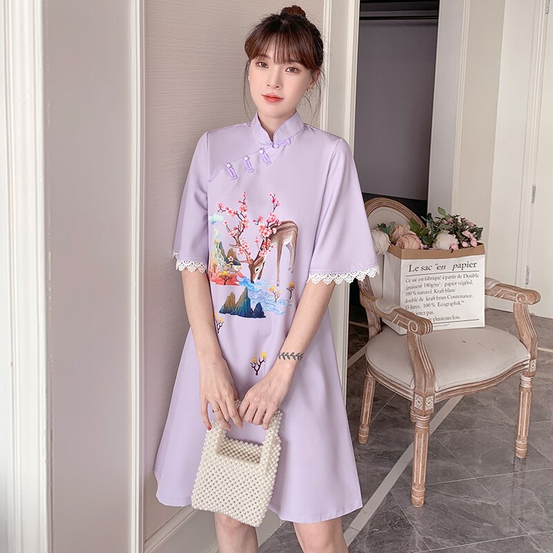 Plus Size M-4XL Year Purple Loose Modern Cheongsam Dress Women Short Sleeve Qipao Traditional Chinese Clothes