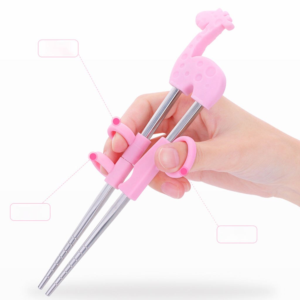 1Pair Stainless Steel Chopsticks For Kids Cartoon Learning Chop Sticks Reusable Training Chopsticks Cute Children Tableware Set: A Pink Giraffe