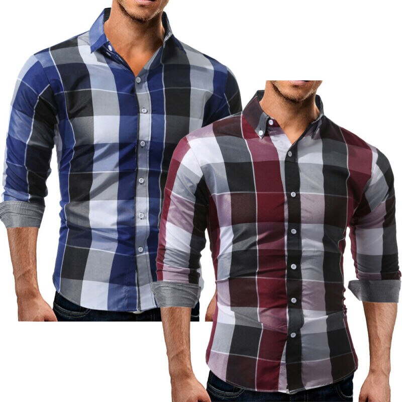 Men Slim Fit Shirts Long Sleeve Cotton Plaid Tee Shirts Casual Chemise Homme Mens Checkered Casual Handsome Men Blouse