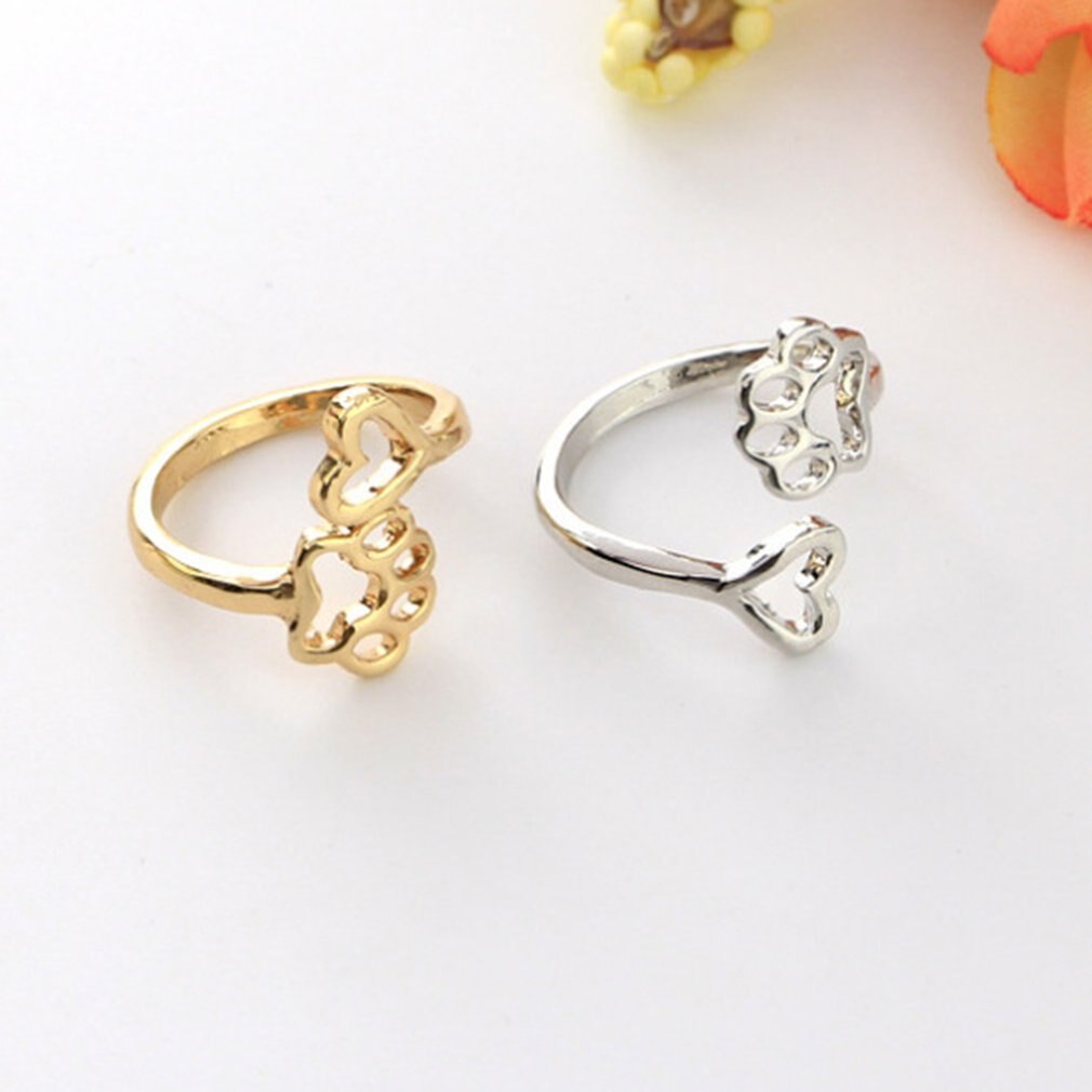 Latest Stylish Adjustable Hollow Metal Alloy Rings Dog Paw Heart Decoration Female Party Night Club Ring Jewelry