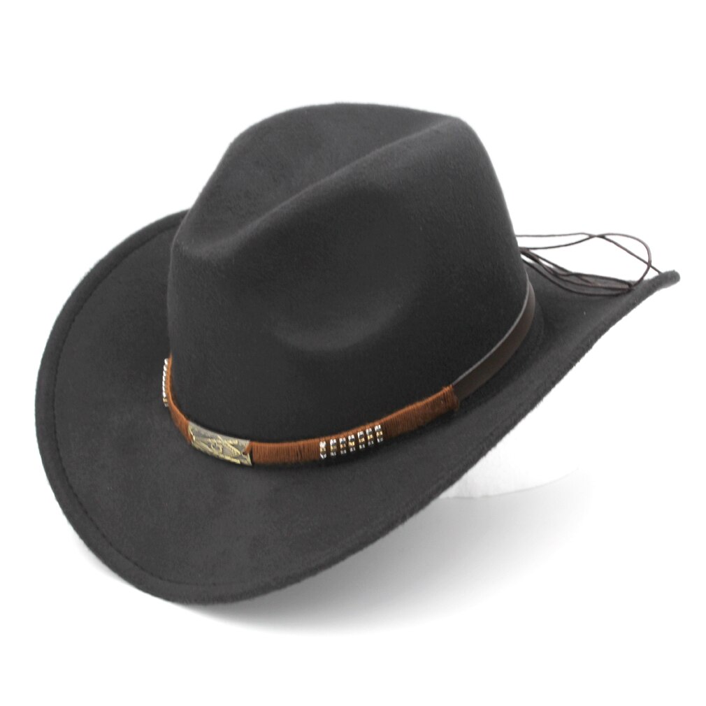 Mistamanecer Estilo Vintage Otoño Invierno sombrero de cowboy del oeste de ala ancha Cowgirl Riding Cap con banda trabajada a mano tamaño 56-58cm: Black
