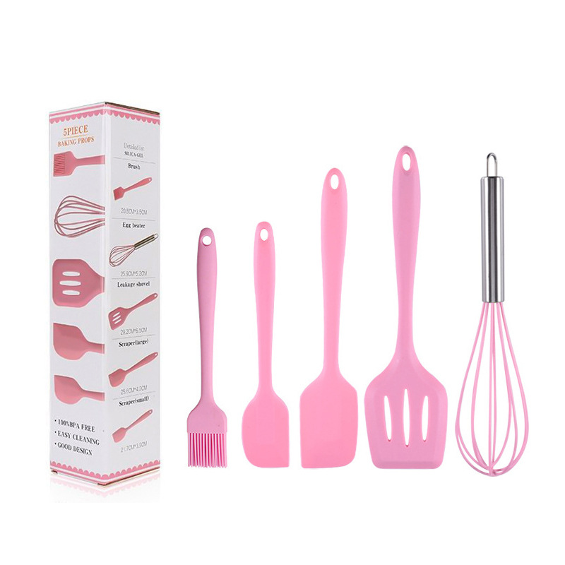 5PCS Silicone Cooking Utensils Set Heat Resistant Non-stick Spatula Tools Baking Kitchen Tool Accessories Dinnerware Sets: Roze