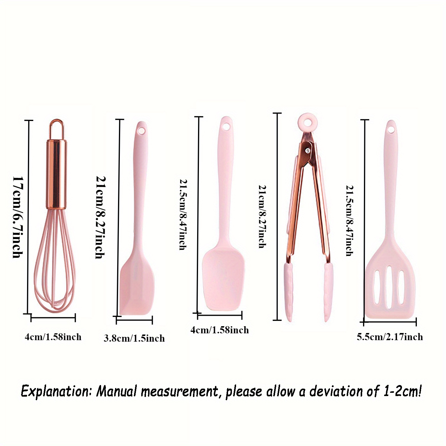 Five piece set of rose gold and pink kitchen utensils, mini silicone kitchen tools, mixing spatula, spoon, and slotted spatula