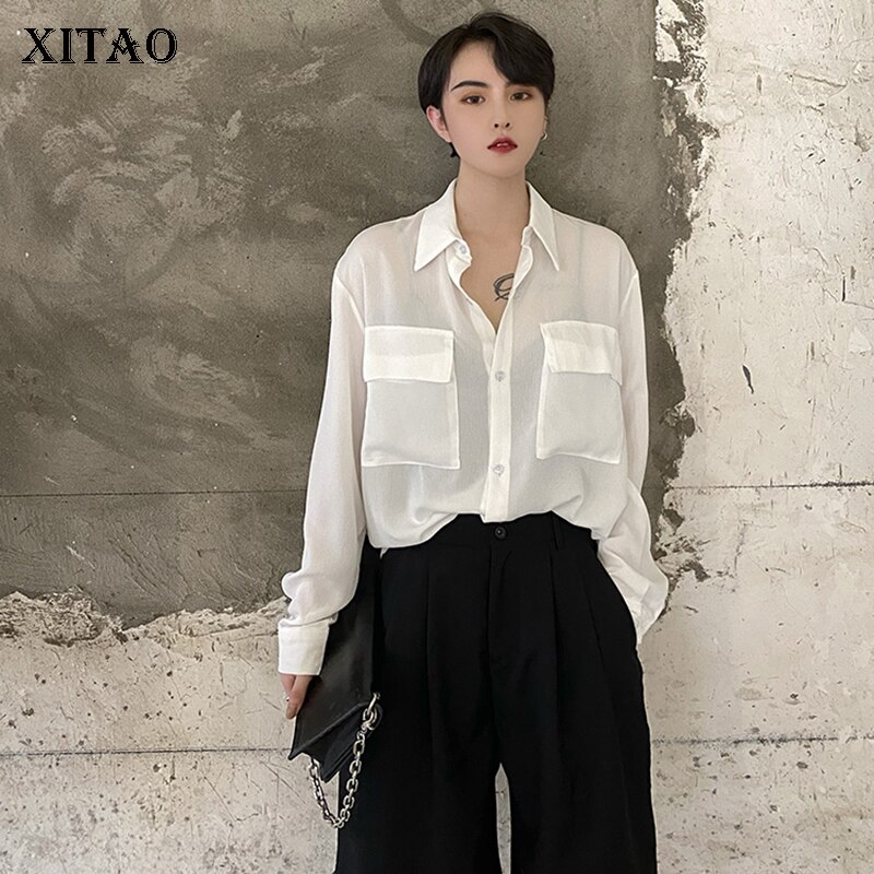 XITAO-Blusa holgada informal de manga larga para otoño, camisa blanca sencilla para mujer, con bolsillos que combinan con todo, estilo coreano, ZP1843,