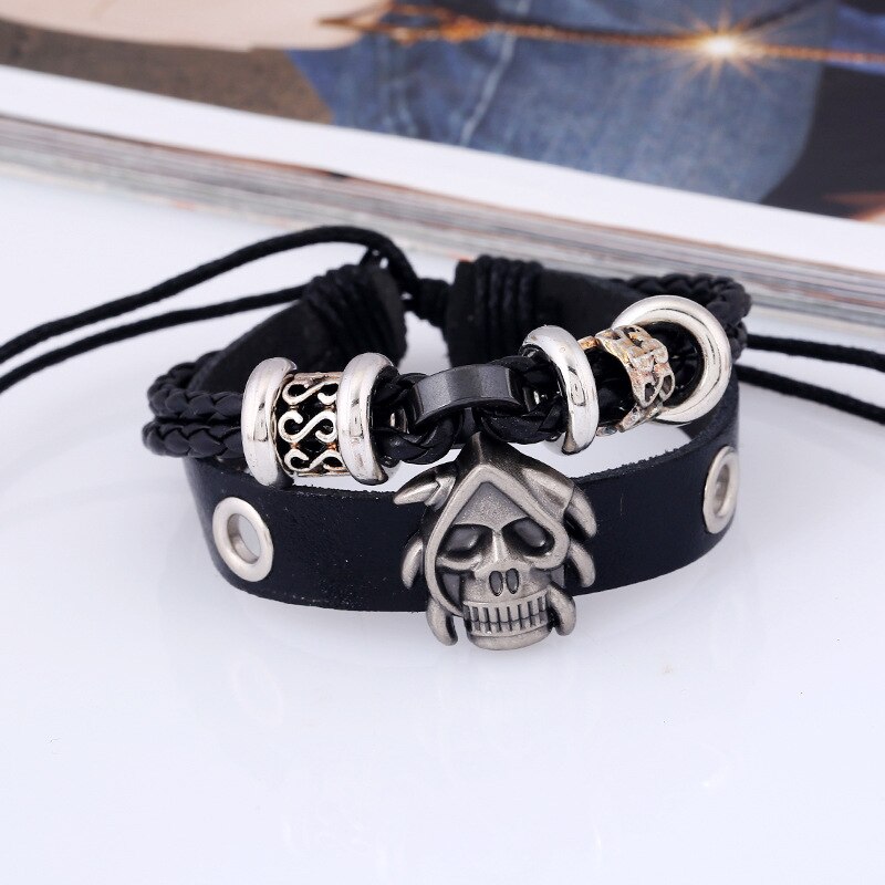 NADEEM Cross Charm Brown Leather Bracelet Men Male Vintage Punk Cross Charm Cuff Bracelet Bangle Jewelry Pulse: B01543black