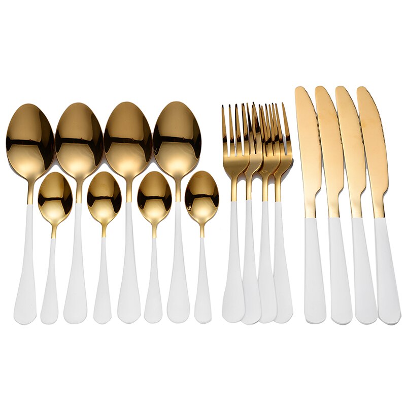 Tablewellware Golden Bestek Vork Lepel Mes Set Gouden Servies Rvs Bestek Golden Vork Lepel Servies Set: white gold 4 sets