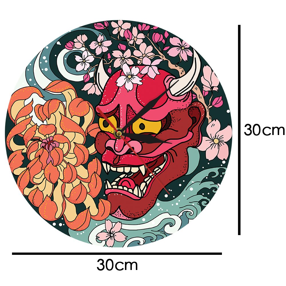 Gothic Style Red Oni Demon Mask Acrylic Wall Clock Japanese Dragon Peony Flower Wall Art Japan Sherpa Evil Home Decor Timepiece