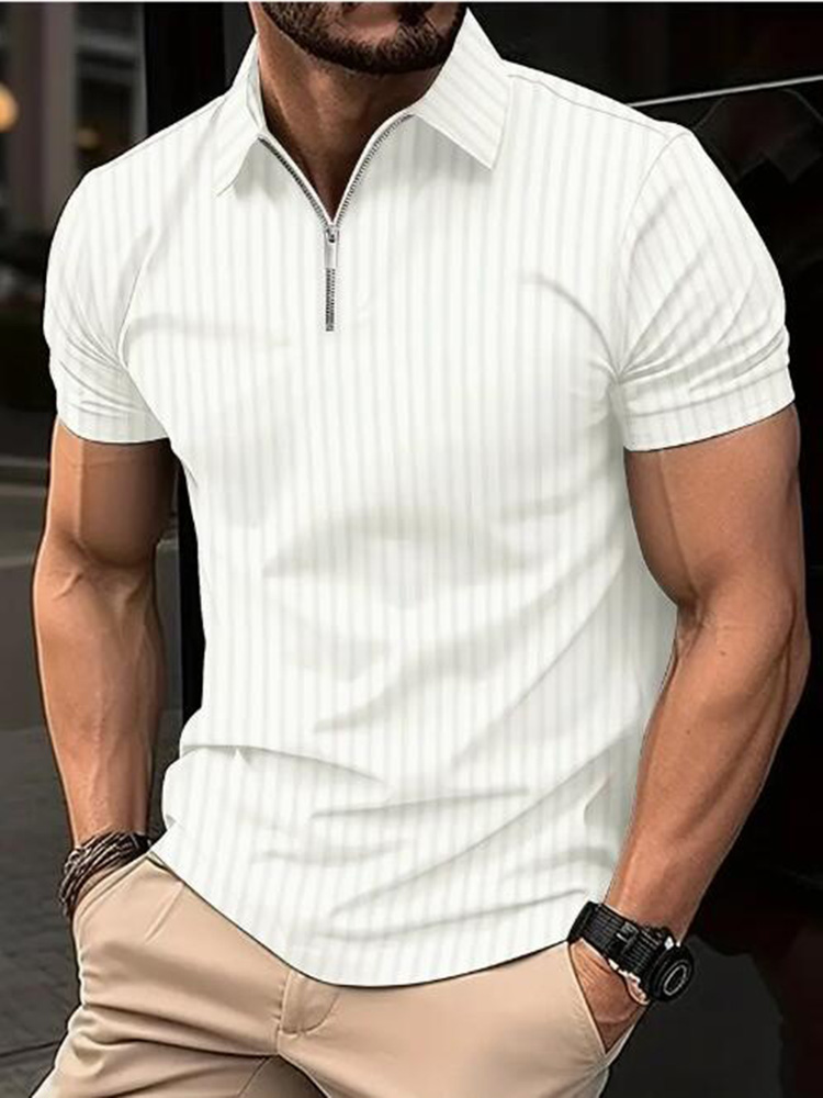 Camiseta Polo informal de negocios ligera de manga corta a la a rayas de verano para hombre, camiseta de manga corta de oficina elástica sólida con media cremallera