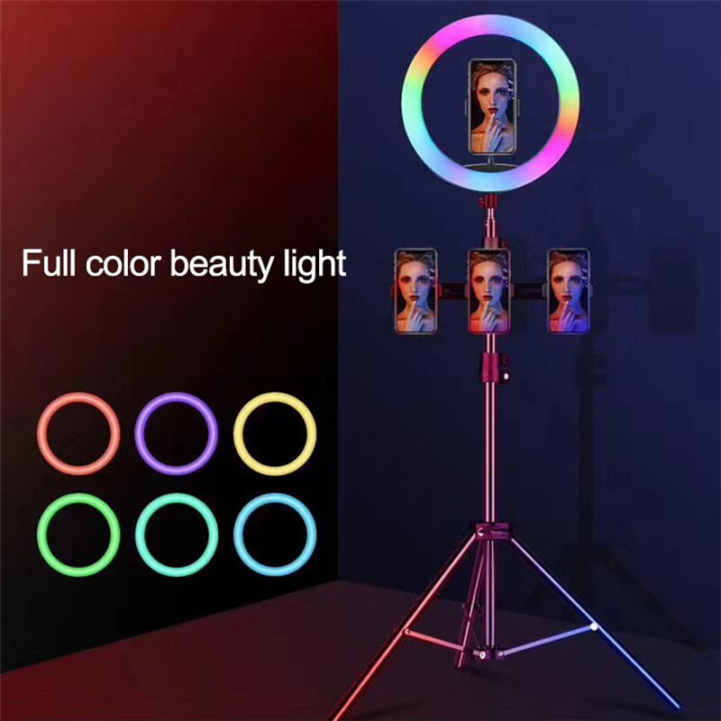 Rgb led anel luz titular do telefone fotografia luz de preenchimento 1.6m tripé regulável rgb selfie conjunto led anel luz remoto para foto vídeo