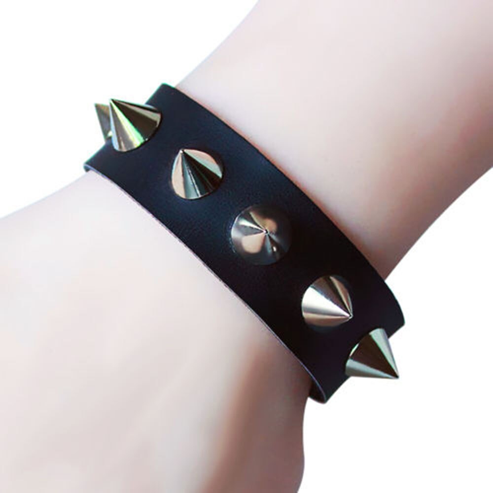 Pulsera Punk Unisex para hombre y mujer, brazalete de cuero negro con cono de remache de punta, estilo callejero para: Default Title