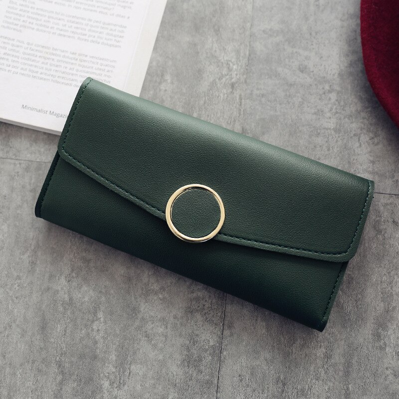 Wallet Leather Women Wallet Long Pu Leather Purse Zipper Metal Circle Decor Wallets Female Hasp Coin Purse Clutch Black: Long-Army Green